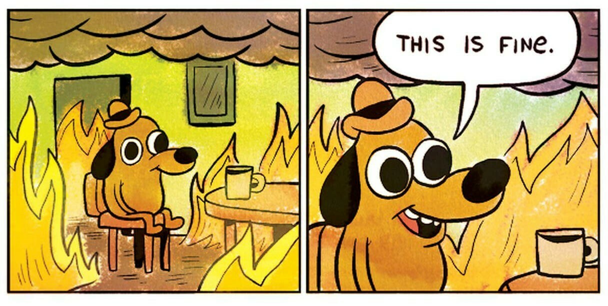 This is fine meme — หมานั่งจิบกาแฟในห้องที่ไฟไหม้